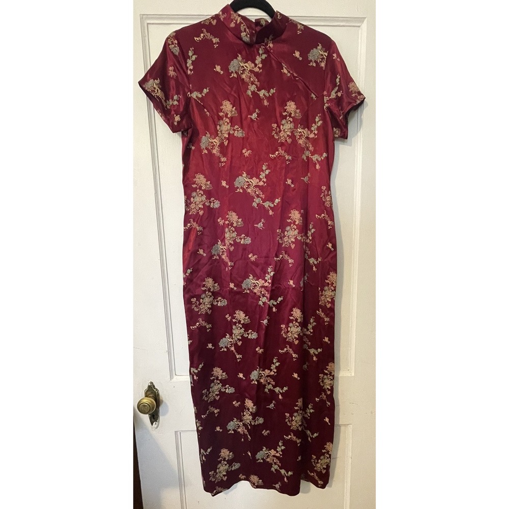 Vintage Oriental Burgundy Zip Back Maxi Dress Slit Back Oriental Dress Small
